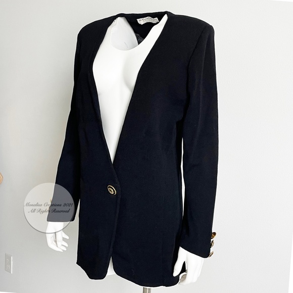 St John Knit Cardigan Jacket Collarless Black Santana Knit Basics Vintage 90s - Picture 3 of 7